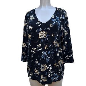 Roz & Ali Sweater Top Womens XL Black Multi Floral 3/4 Sleeve Lightweight Jersey